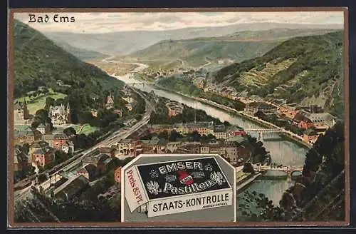 Lithographie Bad Ems, Panorama und Medikament Emser Pastillen
