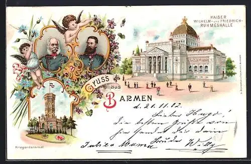 Lithographie Barmen, Kaiser Wilhelm- und Friedrich-Ruhmeshalle, Kriegerdenkmal und Portraits