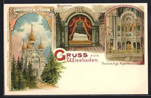 Lithographie Wiesbaden, Griechische Kapelle, Mausoleum, Inneres d. gr. Kapelle