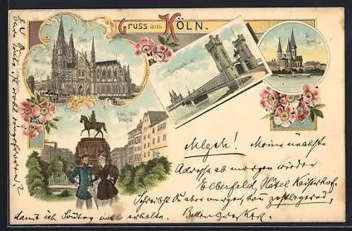 Lithographie Köln, Eisenbahnbrücke, Friedrich-Wilhelm-Denkmal, Dom