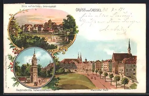 Lithographie Kassel, Blick auf die Fulda & Unterneustadt, Electrische Uhr Hohenzollernstrasse, Marställer Platz