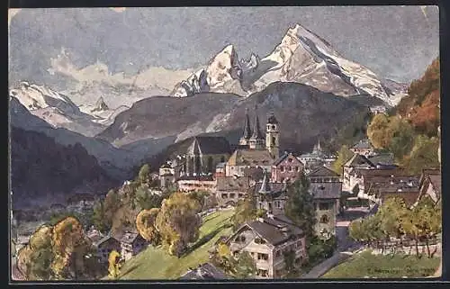 Künstler-AK Edward Harrison Compton: Berchtesgaden, Ortsansicht mit Kirche & Bergen