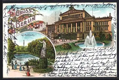Lithographie Berlin, Königliches Schauspielhaus, Gendarmenmarkt, Goldfischteich