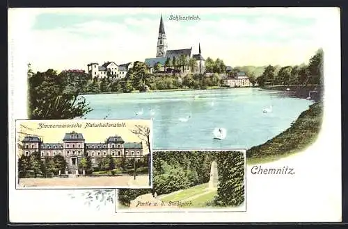 AK Chemnitz, Schlossteich mit Zimmermannsche Naturheilanstalt und Partie a. d. Stadtpark
