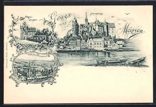 Lithographie Meissen, Brugthor, Kgl. Portzellanmanufaktur, Albrechtsburg