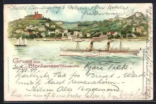 Lithographie Hamburg-Blankenese, Dampfer auf der Elbe