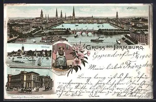 Lithographie Hamburg, Alsterbassin, Börse, Uhlenhorst & Trachtenbild