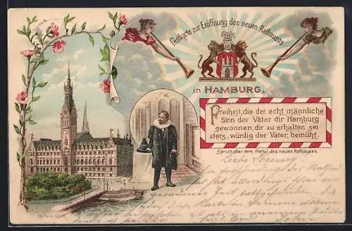Lithographie Hamburg, Festkarte zur Eröffnung des Rathauses