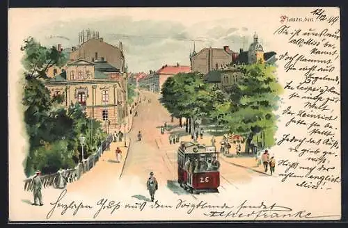 Lithographie Plauen, Ortspartie mit Strassenbahn und Passanten