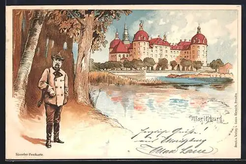 Lithographie Moritzburg / Sachsen, König Albert von Sachsen als Jäger