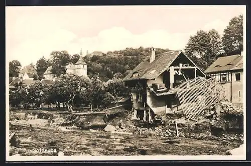 AK Gottleuba, Ortspartie nach der Hochwasserkatastrophe 1927
