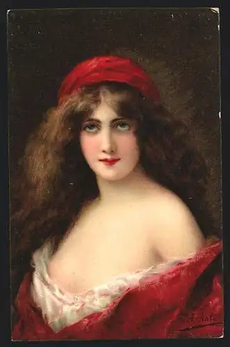 Künstler-AK Angelo Asti: hübsche Frau mit braunem Haar und roter Mütze
