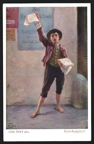 Künstler-AK Carl Zewy: Extra-Ausgabe!, Zeitungsjunge