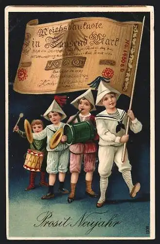 AK Kinder mit Geldflagge, Gruss zum Neujahr