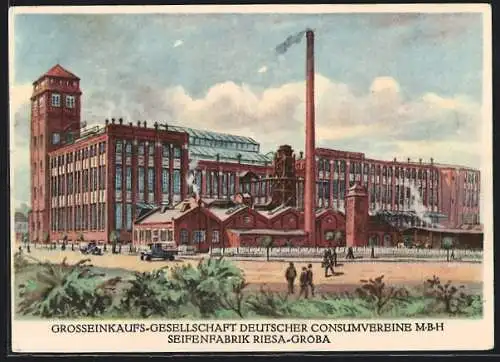 Künstler-AK Riesa-Gröba, Seifenfabrik mit Strassenpartie