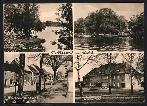 AK Mirow in Meckl., Im Stadtpark, Breitscheidstrasse, Bahnhof, Am Stadtpark