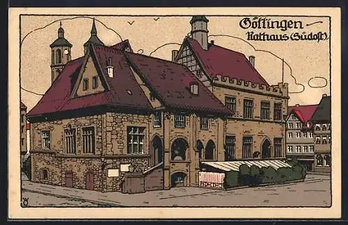 Steindruck-AK Göttingen, Südostseite des Rathauses