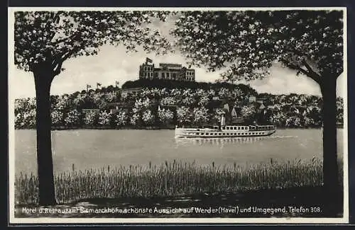AK Werder / Havel, Hotel Bismarckhöhe mit Dampfer auf der Havel