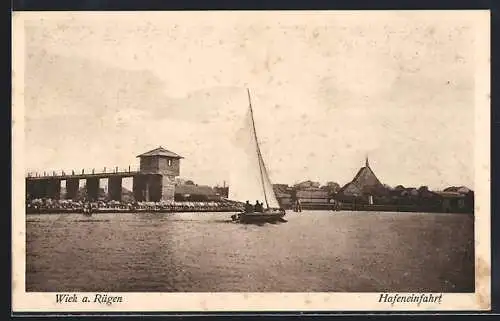 AK Wiek a. Rügen, Segelschiff an der Hafeneinfahrt