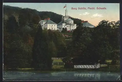 AK Burg Schlitz /Meckl. Schweiz, Wasserpartie an der Burg