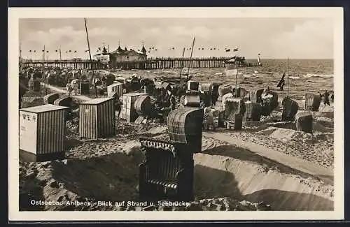 AK Ahlbeck / Ostseebad, Blick auf den Strand u. die Seebrücke