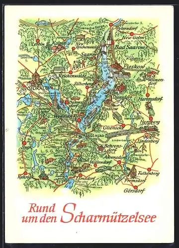Künstler-AK Glienicke / Beeskow, Landkarte rund um den Scharmützelsee