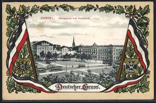 AK Cassel, Königsplatz und Hauptpost mit Reichsfahnen und Eichenblättern