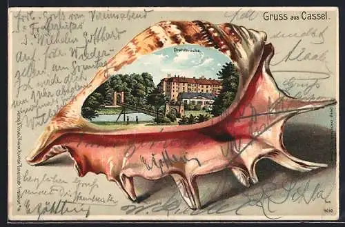 Passepartout-Lithographie Kassel, Blick auf die Drahtbrücke in einer Muschel