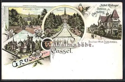 Lithographie Kassel, Wilhelshöhe, Cascaden, Löwenburg, Aussichtsturm auf dem Hohen Gras