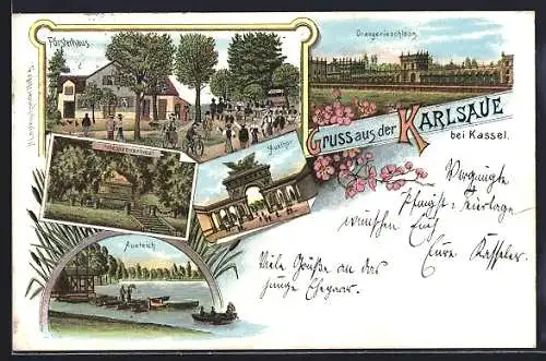 Lithographie Kassel, Försterhaus, Orangerie-Schloss und Aueteich in der Karlsaue