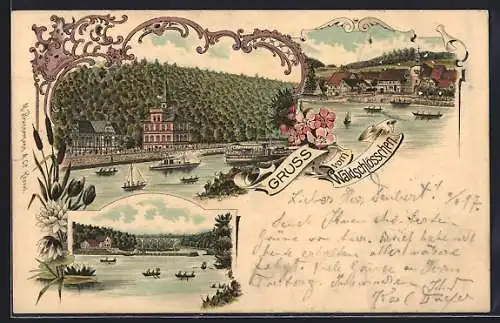 Lithographie Kassel, Gasthof Waldschlösschen mit Wasserpartie