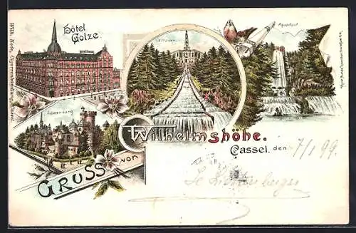 Lithographie Cassel, Wilhelmshöhe, Cascaden, Aquaduct, Hotel Colze, Löwenburg