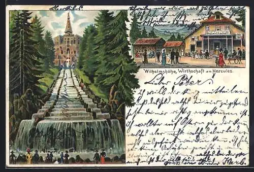 Lithographie Kassel-Wilhelmshöhe, Gasthof am Hercules, Cascaden