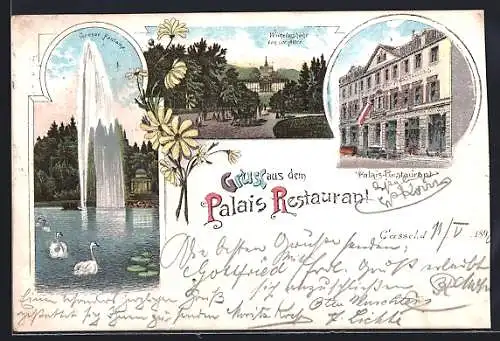 Lithographie Kassel, Palais-Restaurant, Wilhelmshöhe, Grosse Fontaine