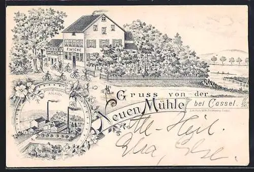 Lithographie Cassel, Gasthaus Neue Mühle, Inh. F. Wicke, Städt. Wasserwerke Anlagen