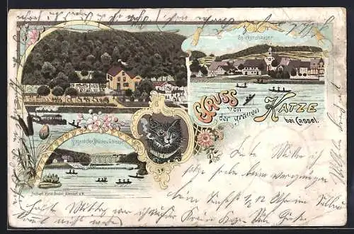 Lithographie Cassel /Fuldatal, Gasthaus Graue Katze, Kragenhöfer Brücke und Schleuse, Spiekershausen