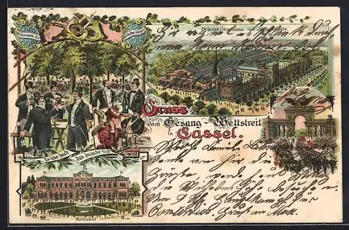 Lithographie Kassel, Gesang-Wettstreit, Orangerieschloss mit Sängerhalle, Bahnhof, Aue-Tor, Sängerfest