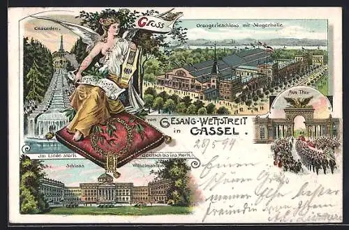 Lithographie Cassel, Sängerfest, Aue-Thor, Orangerieschloss mit Sängerhalle, Cascaden, Schloss Wilhelmshöhe