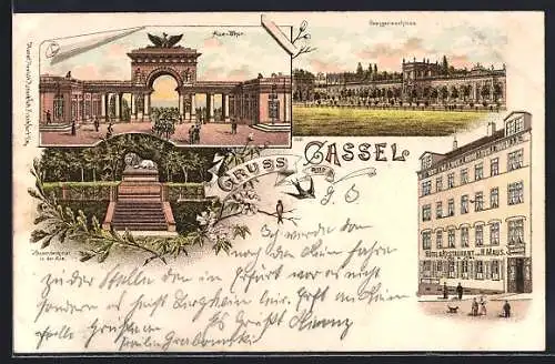 Lithographie Kassel, Hotel & Restaurant von H. Maus, Orangerieschloss, Aue-Tor
