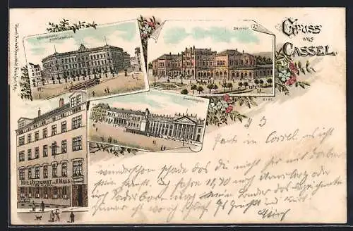 Lithographie Kassel, Bahnhof, Postgebäude am Königsplatz, Friedrichsplatz, Strassenbahn