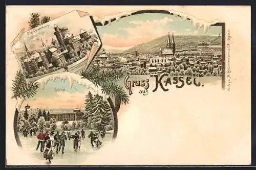 Winter-Lithographie Kassel, Teilansicht mit Kirche, Löwenburg, Schloss mit Eisläufern