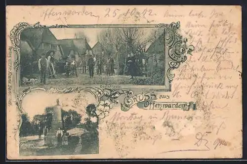 AK Offenwarden, Denkmal, belebte Dorfstrasse