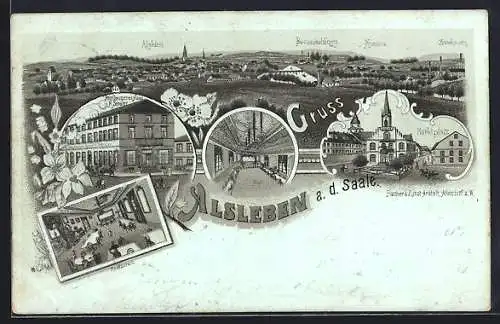 Lithographie Alsleben / Saale, Totalansicht mit Zweihausen & Hotel Deutsches Haus mit Restaurant & Saal