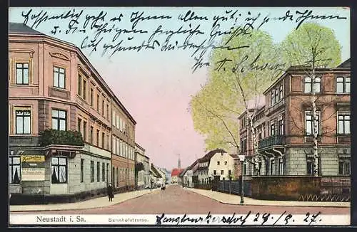 AK Neustadt i. Sa., Bahnhofstrasse mit Hotel Schützenhaus