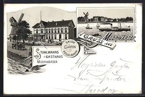 Lithographie Hamburg-Moorwerder, Panorama und Stuhlmanns Gasthaus mit Windmühle