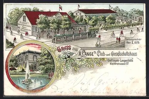 Künstler-AK Hamburg-Langenfelde, A. Lange`s Club-und Gesellschaftshaus, Kielerstrasse 177, Fontäne