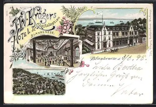 Lithographie Hamburg-Blankenese, J. W. Krögers Hotel & Restauration, Saal Inneres, Teilansicht mit Booten