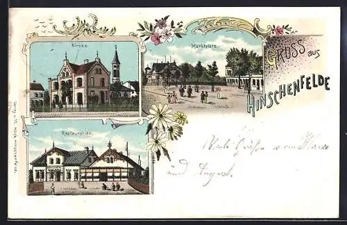 Lithographie Hamburg-Hinschenfelde, Kirche, Marktplatz, Gasthaus