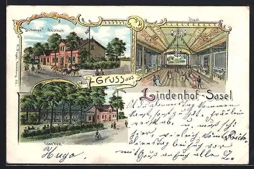 Lithographie Hamburg-Sasel, Lindenhof Dittmers Gasthof, Saal, Garten