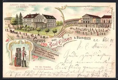 Lithographie Bad Eilsen b. Bückeburg, Lahmanns Hotel u. Pension Zur Erholung, Cursaal